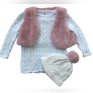 Cable kit dress with pink, faux fur vest. Matching hat! 18 months